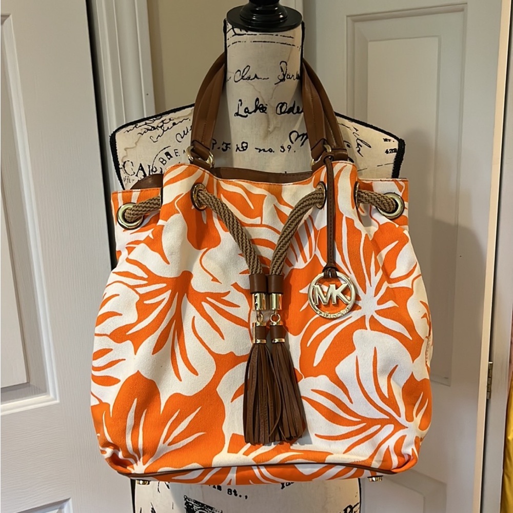 MICHAEL Michael Kors Orange and Cream Floral Canvas Tote